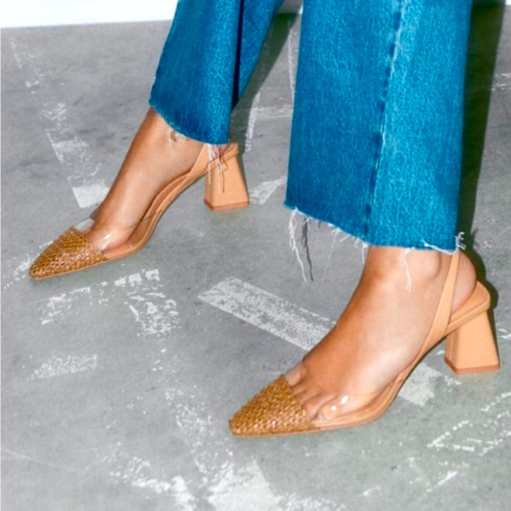 Zara sling back block heels with woven & vinyl details.